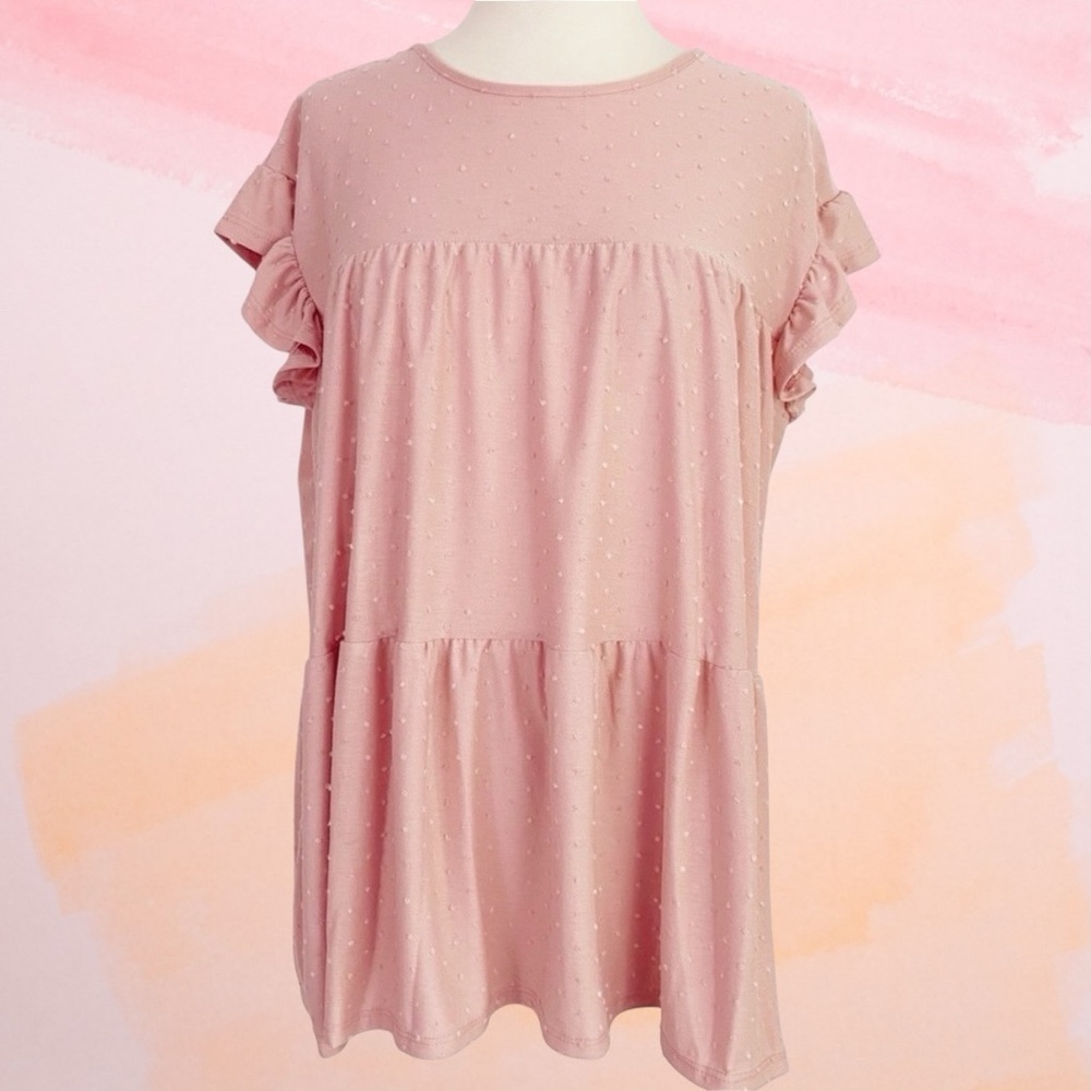 Perfect Peach Swiss Dot Ruffle Cap Sleeve Tiered Top Women’s Plus 1X Dusty Pink - Picture 5 of 10